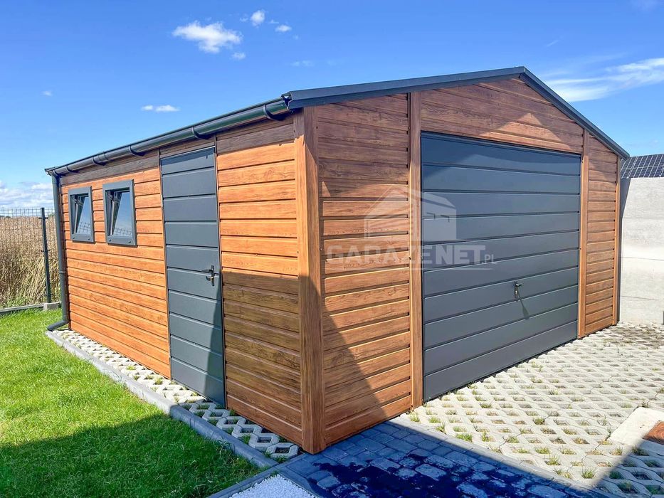 Garaż Blaszany 5X5M Brama Drewnopodobny Antracyt Dach Dwuspadowy Ts880