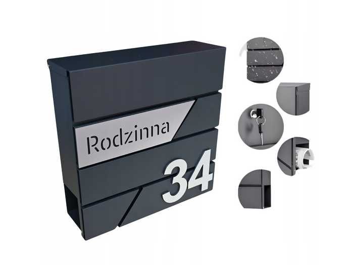 DUŻA skrzynka na listy z ADRESEM NUMEREM DOMU RAL 7016 frez antracyt