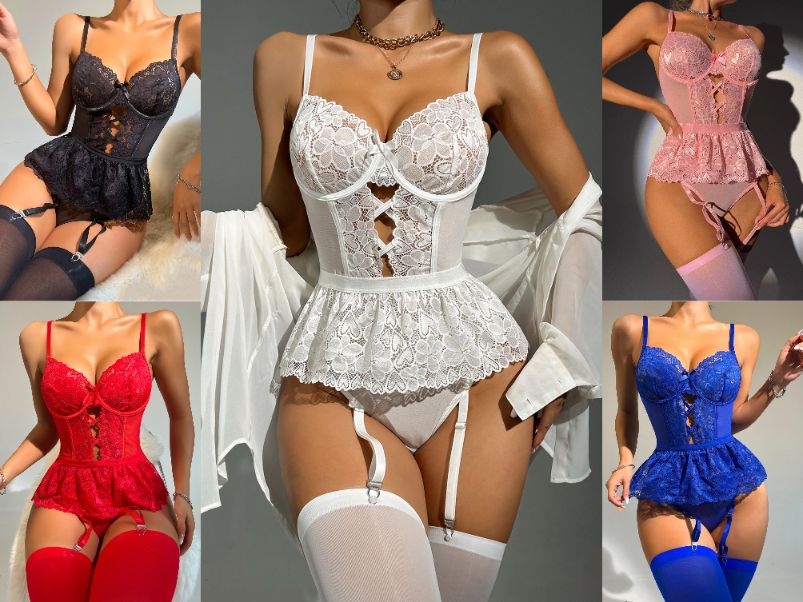 Artemis prześwitujące koronkowe body z falbanką rozpinany krok biały