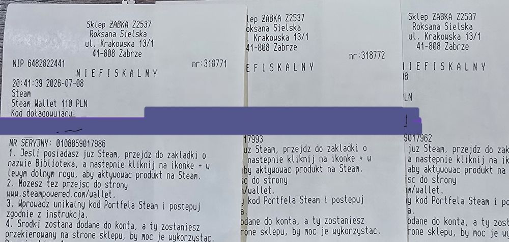 Karta Steam  3x90 o wartości 110 jedna
