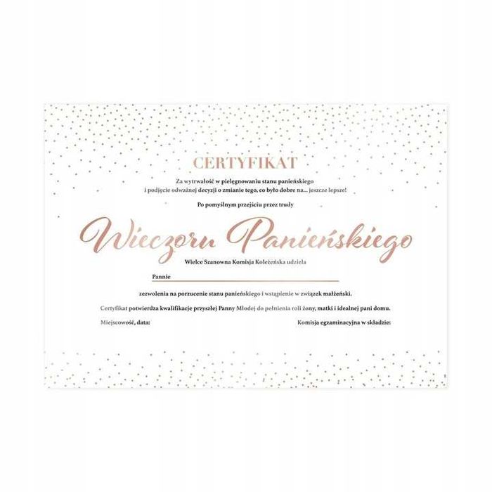 Certyfikat Pamiątka na Wieczór Panieński dla Panny Młodej Rose Gold