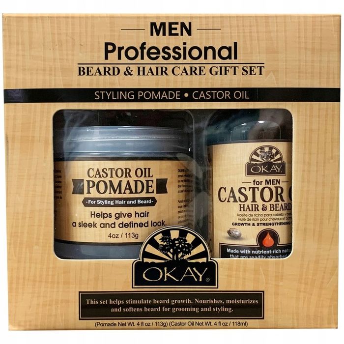 Okay Men Pomada Do Włosów 113G + Castor Oil Do Brody 118G Zestaw Prezent