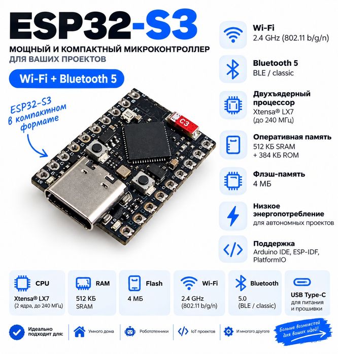 ESP32-S3 4MB Flash Wi-Fi + Bluetooth 5 USB Type-C