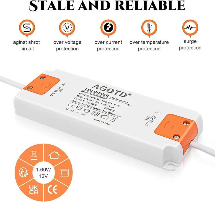 AGOTD sterownik LED 220-240 V 60W .Wyjście DC 12V 5A transformator LED