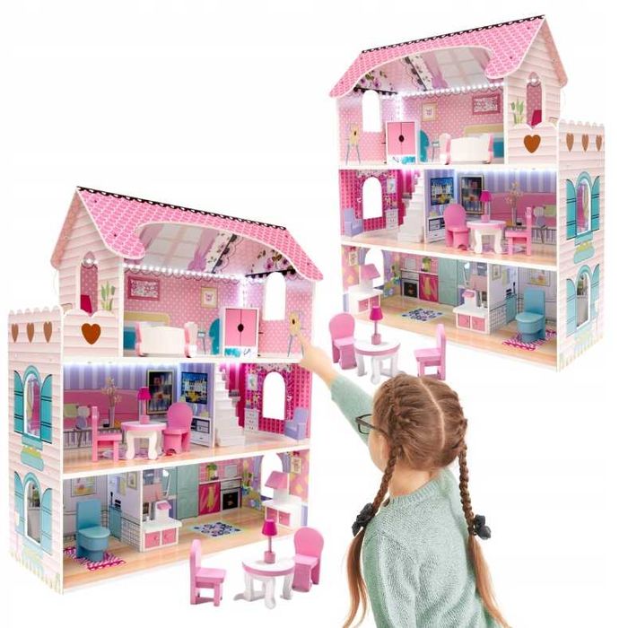 Drewniany Domek dla Lalek XL 70cm + LED i Mebelki – Różowy (OKAZJA)