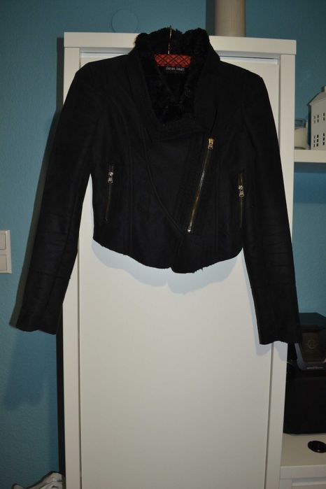 Ciepła kurtka krótka ramoneska zamsz XS 34 S 36 czarna ocieplana derek