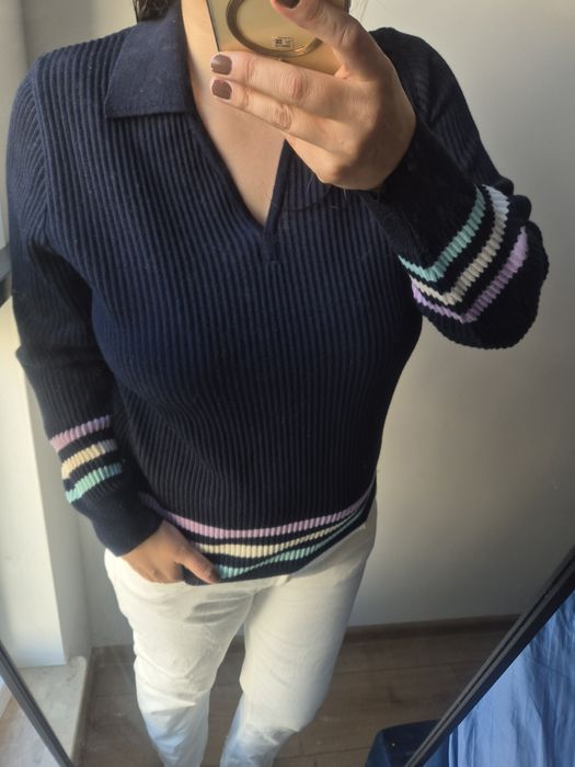 Sweter granatowy wełniany pure wool jesienny autumn Woolmark 42/XL