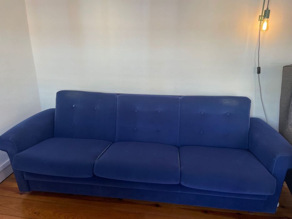 Sofá-Cama de Veludo Azul