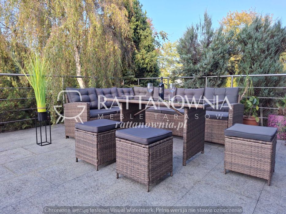 Narożnik Ogrodowy Zestaw Mebli Ogrodowych Narożnik i Pufy na Taras