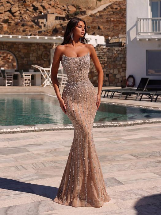 Shein długa elegancka suknia wieczorowa z cekinami beżowa s 11ma