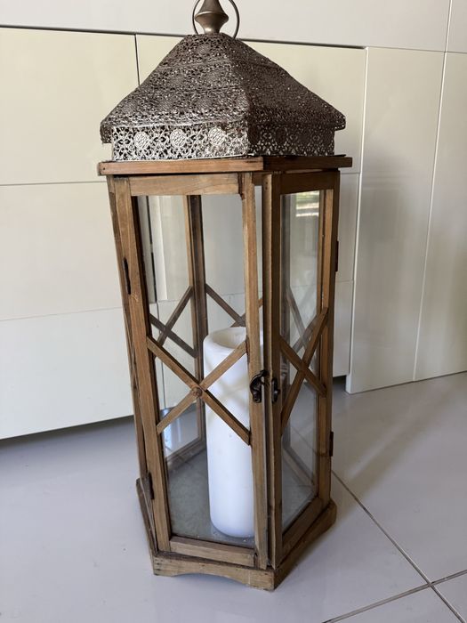 Duży orientalny lampion marokański/indyjski 73 cm drewno metal szkło
