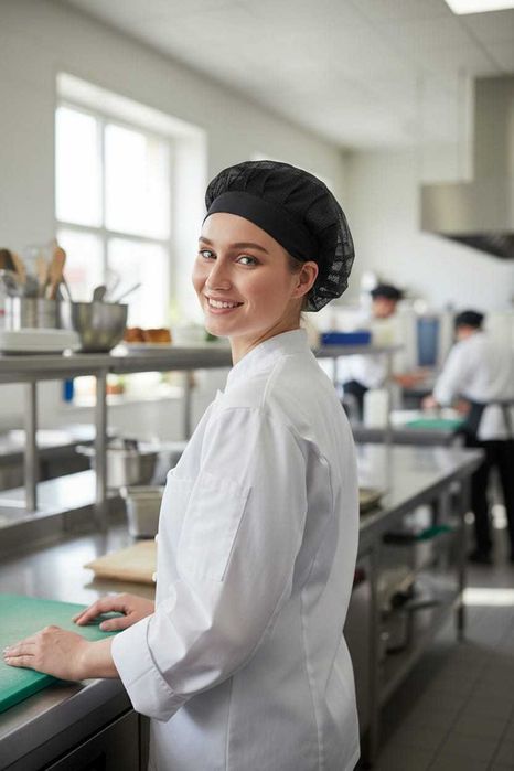 Czapka kucharska czarna z siatką, uniwersalna, gumka z tyłu