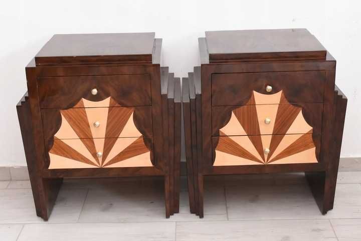 Geometryczne Stoliki Nocne Art Deco - Szafki Nakastliki Drewno