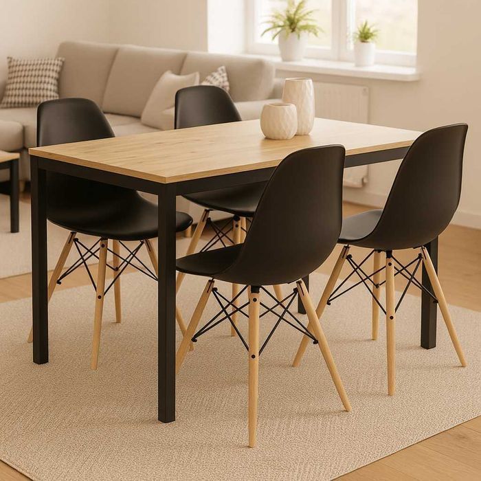 NOWY Stół z Krzesłami Loft Czarny do Kuchni Salonu Jadalni Drewniany F