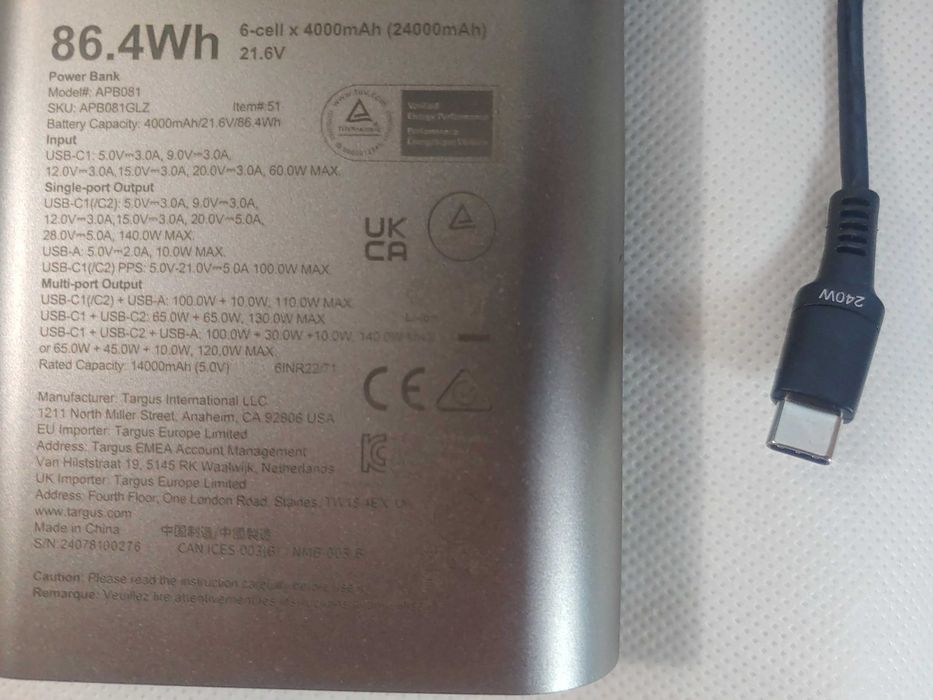 Повербанк для ноутбука — Dell Targus APB081 • 140W PD 3.1 • 24000 mAh • Состояние нового