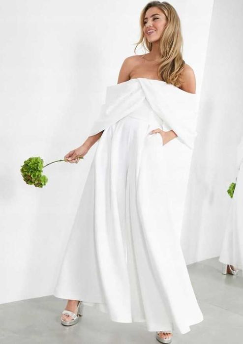 biały ślubny kombinezon bardot asos