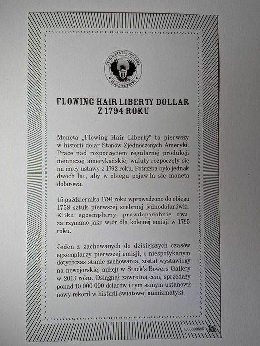 Moneta Replika Flowing Hair Liberty Dollar 1794 – Skarbnica Narodowa + Certyfikat