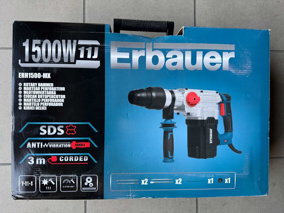 Młotowiertarka młot Erbauer 1500 w SDS MAX 11j + wiertła + dłuta + walizka
