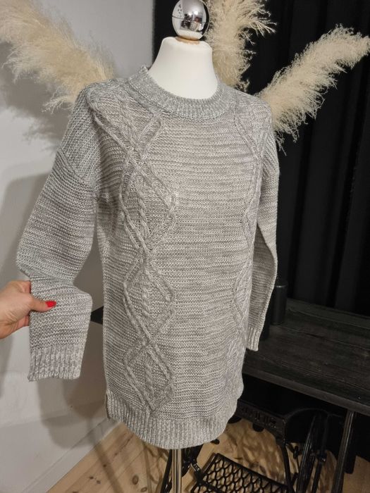 Sweter pleciony warkocze długi tunika 36 S szary akryl oversize bluzka