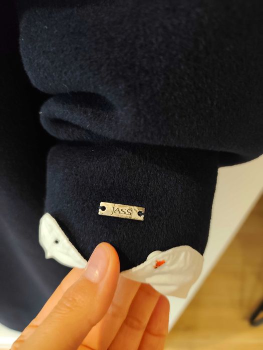 JASS elegancki płaszcz damski granatowy futro lisa wełna angora 48