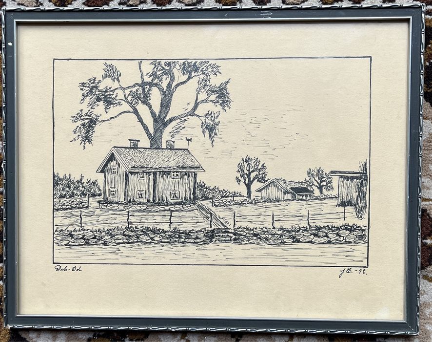 Rysunek tuszem, sygnowany z 1948r - gospodarswo