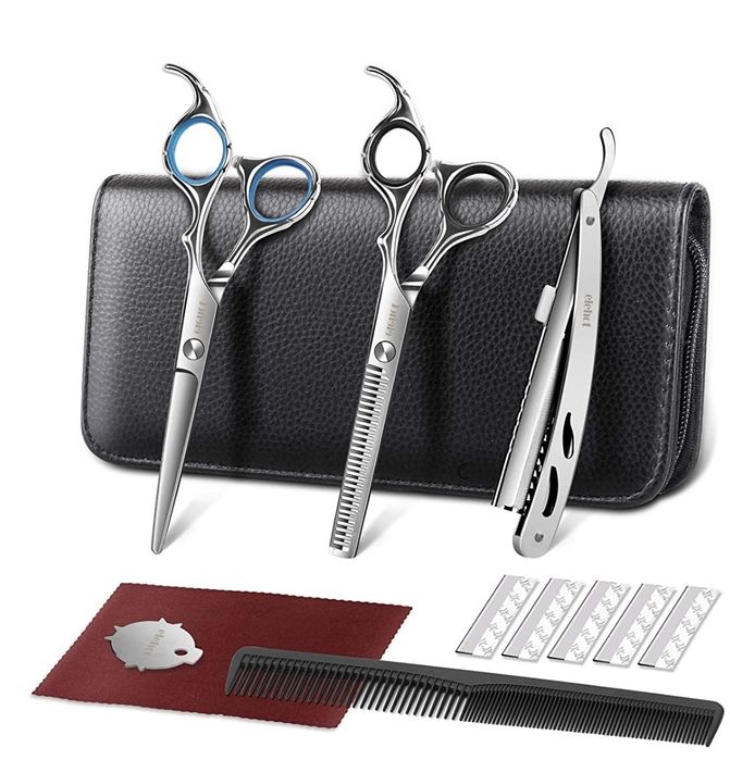 Kit tesouras aço inoxidável barbeiro/cabeleireiro + navalha e lâminas