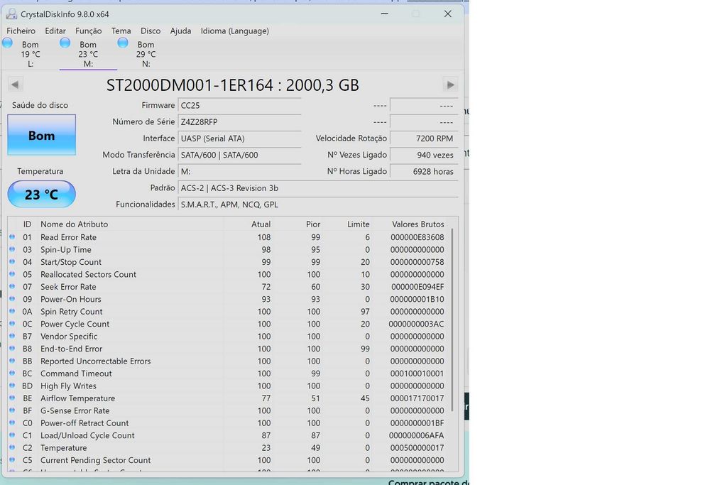 Disco Rígido Seagate Barracuda 2TB 7200rpm- 100% Saudável e testado com prova do CrystalDisk