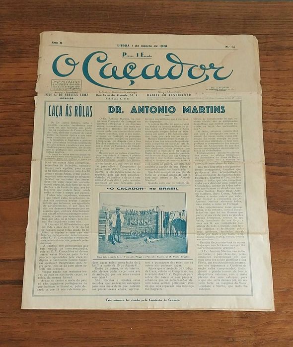 Antigo e RARO Jornal "o Caçador", n.º 14, datado de 1 de Agosto 1928