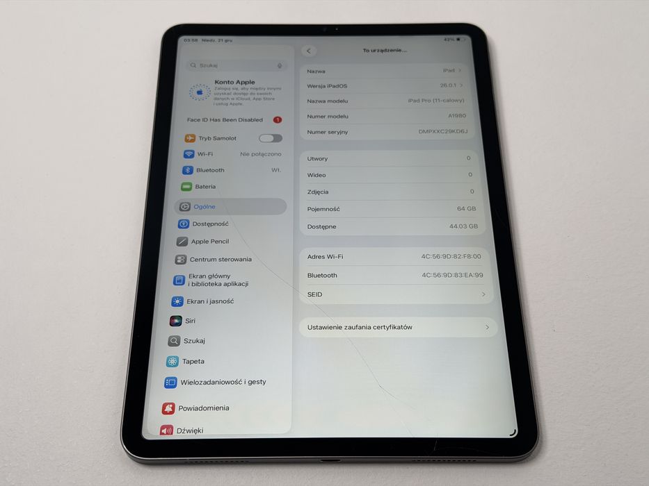 iPad Pro 11 1. gen. (A1980) - 64GB - faktura VAT 23%