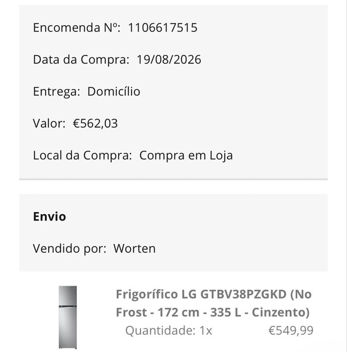 Frigorífico LG NOVO (sem embalagem)