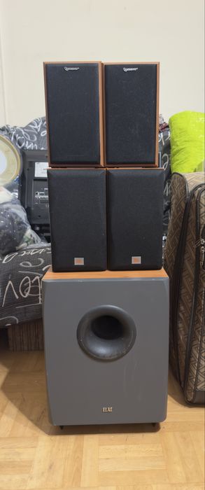 Нижній великий сабвуфер ELAC. Gembird WCS-699 36Вт. поличні колоноки  JBL E20 60Вт