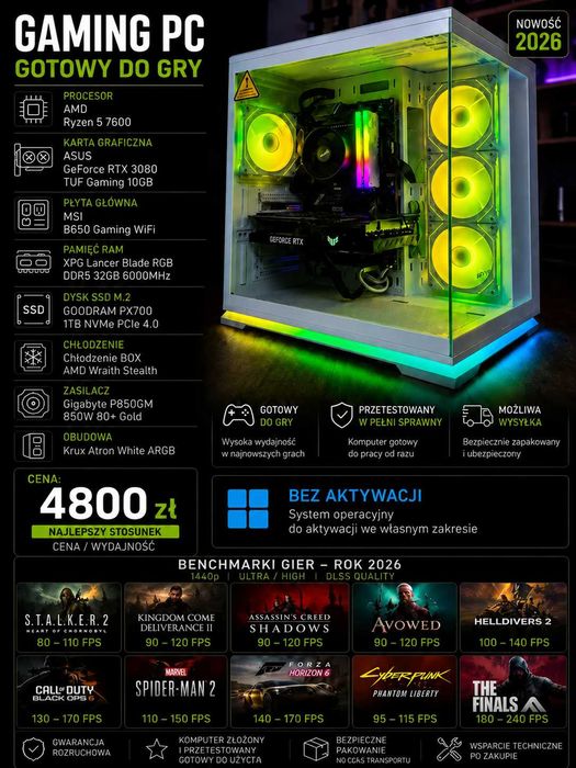 KOMPUTER GEMINGOWY Ryzen 5 7600 RTX 3080 10GB 32GB DDR5 6000 1TB NVMe  ARGB