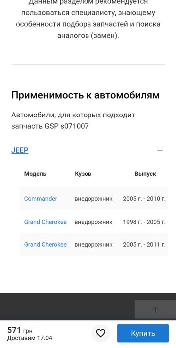 Наконечник JEEP поперечной рулевой тяги S071007 GSP JEEP