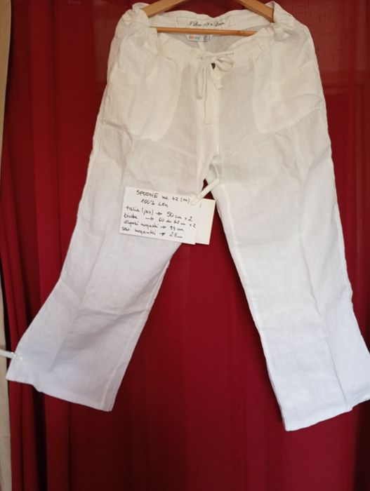 Spodnie Lniane białe 100% len, wakacje,lato, upał róż.42