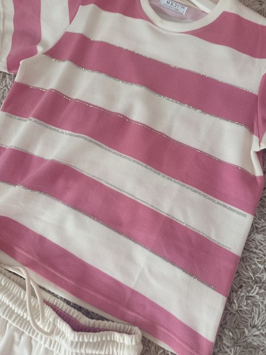 Komplet letni w paski różowo białe pudrowy róż spodenki bluzka krótki Dresowe L XL