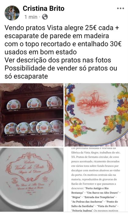 Vendo 8 pratos de colecção edição limitada Vista alegre 25€ cada +escaparate de parede em madeira 30€
