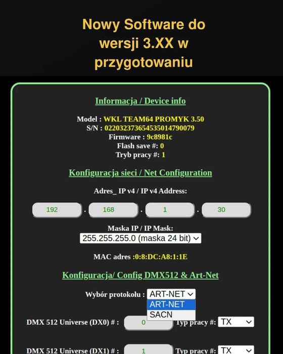 bramka artnet 2 x 512 kan. dmx512 "promyk 3.00" z soft 3.5