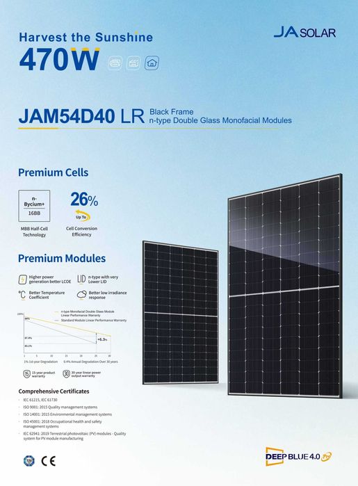 Panele Fotowoltaiczne 470W Ja Solar JAM54D40-470/LR_BF | Fotowoltaika Jinko Longi