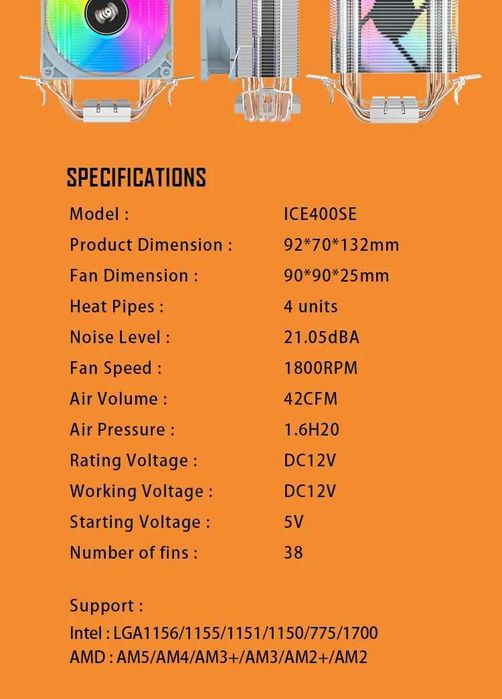 Башенный кулер охлаждения процессора Intel/AMD AIGO ICE400SE с RGB