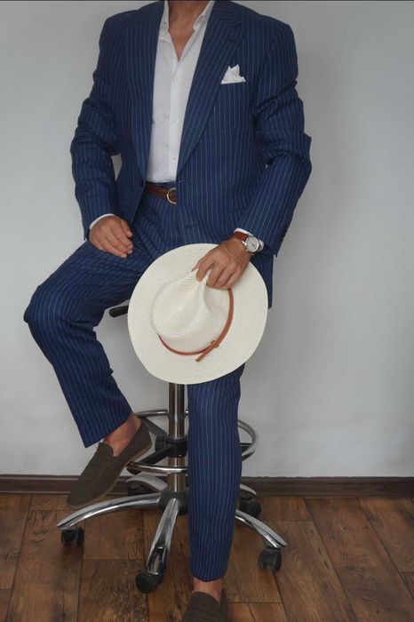 Bytom Garnitur Męski 182/100/96 Granatowy Prążki 100% Len Letni Elegancki Premium