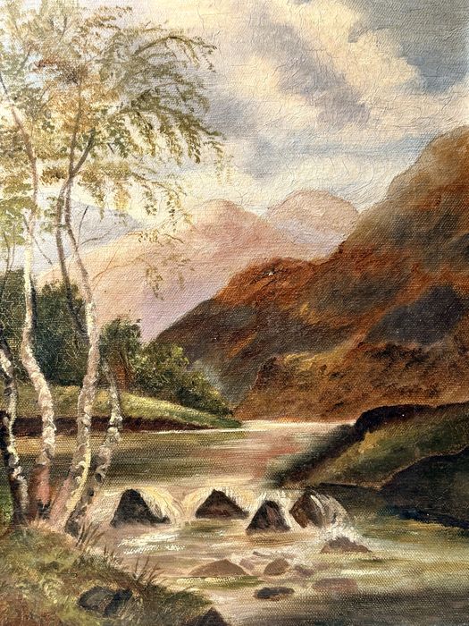 Paisagem fluvial - antiga pintura em óleo sobre tela