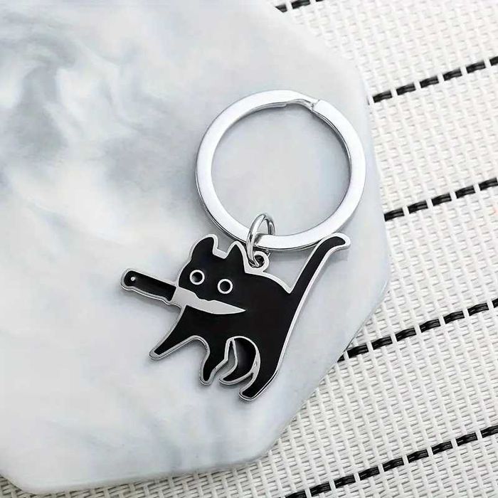 Metalowy Brelok Breloczek do kluczy Czarny Kot Kotek z nożem Black Cat