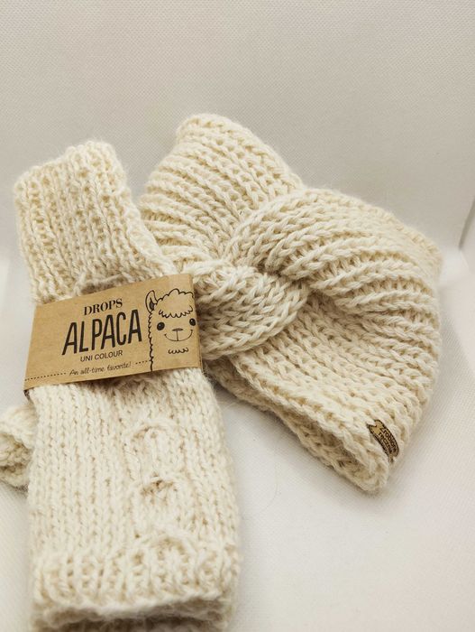 Komplet: opaska; turban; mitenki; alpaka 100%; handmade; ecru