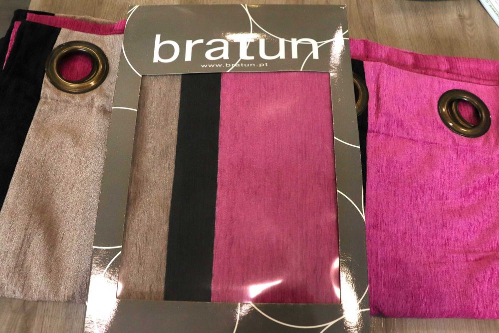 Cortinado de veludo Rosa, risca Preta e Bege com Ilhós com 140x260cm