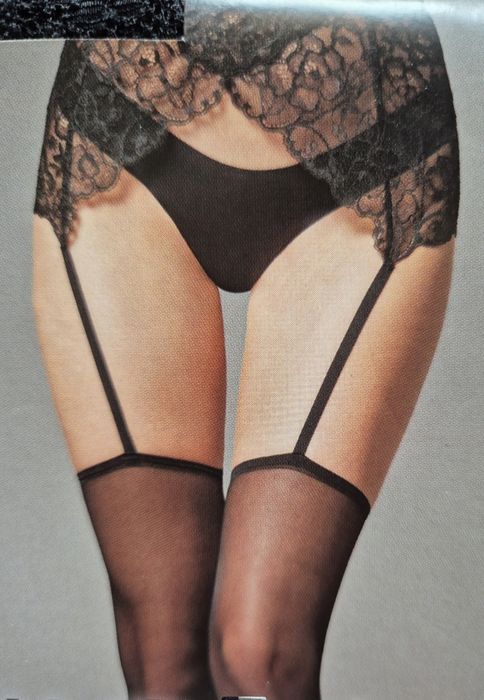 Rajstopy Calzedonia M/L czarne z koronką i podwiązki pończochy  40 den