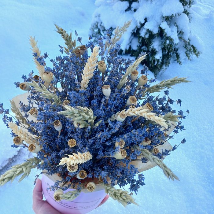 Сухоцвіт букет-композиція. Лаванда. Колоски пшениці, польовий мак.