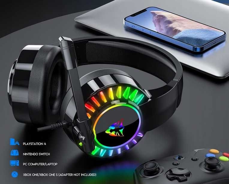 Słuchawki gamingowe naszuszne z mikrofonem przewodowe rgb dla graczy jack