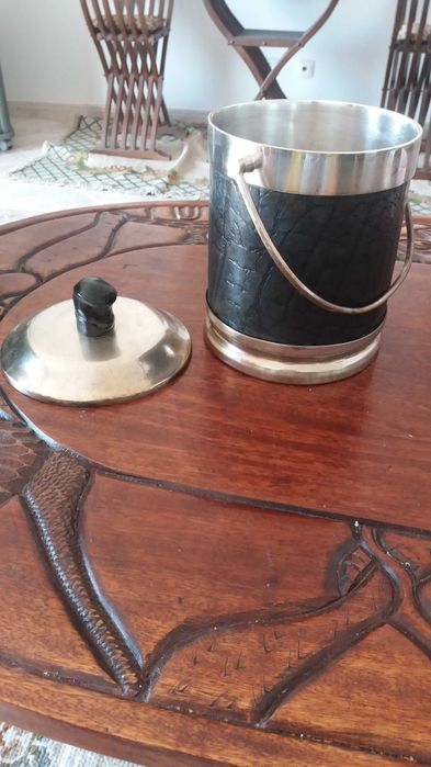 Balde prata para gelo + suporte de garrafa prata + tenaz prata.