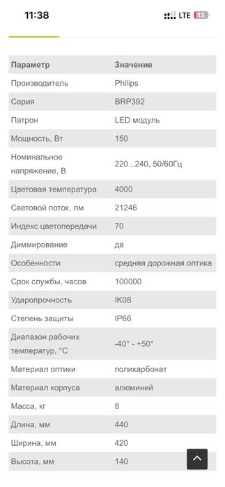 Светильник philips BRP 392 led 212/150w вуличне освітлення