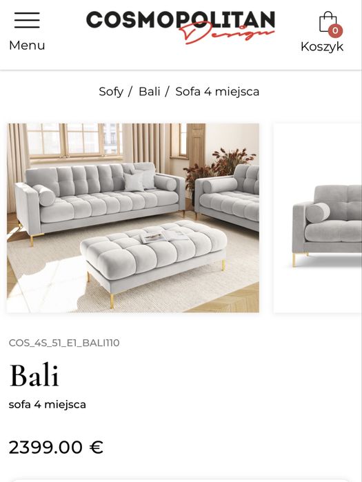 Sofa welurowa kanapa 4 osobowa BALI COSMOPOLITAN złote nogi Westwing